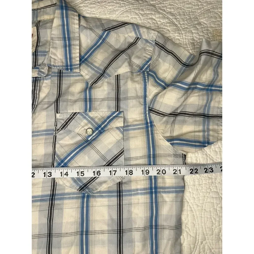 Levis Pearl Snap Plaid Short Sleeve Cotton Twill Shirt M Blue Black White